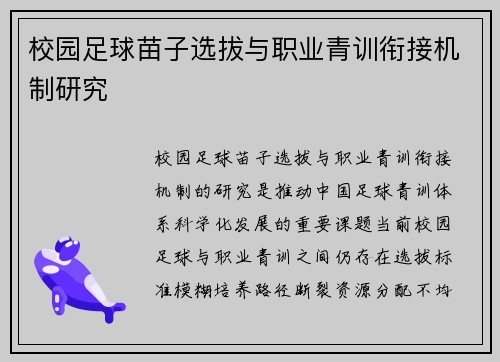 校园足球苗子选拔与职业青训衔接机制研究